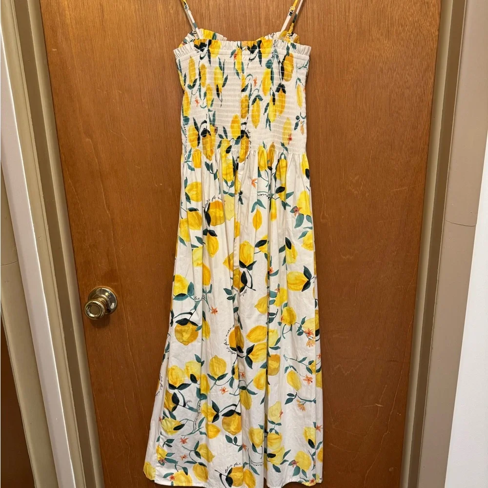 H&M Lemon Print Smocked Sundress White Yellow Sleeveless S Bonus earrings NWT - Picture 5 of 16
